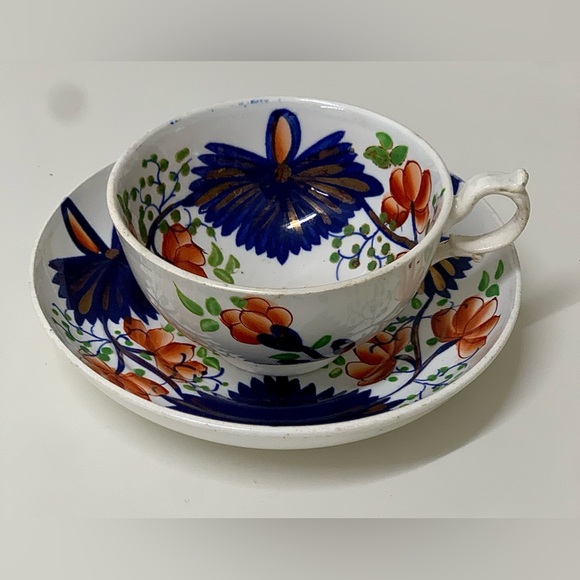 19th Century Antique Gaudy Welsh Butterfly Pattern Hand Painted Cup & Saucer Set - Picture 2 of 16